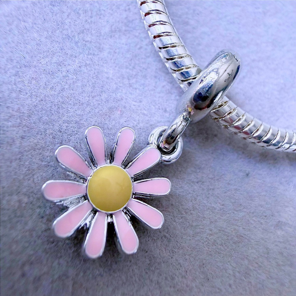 Pink Enamel Daisy Flower Dangle Charm fits PANDORA